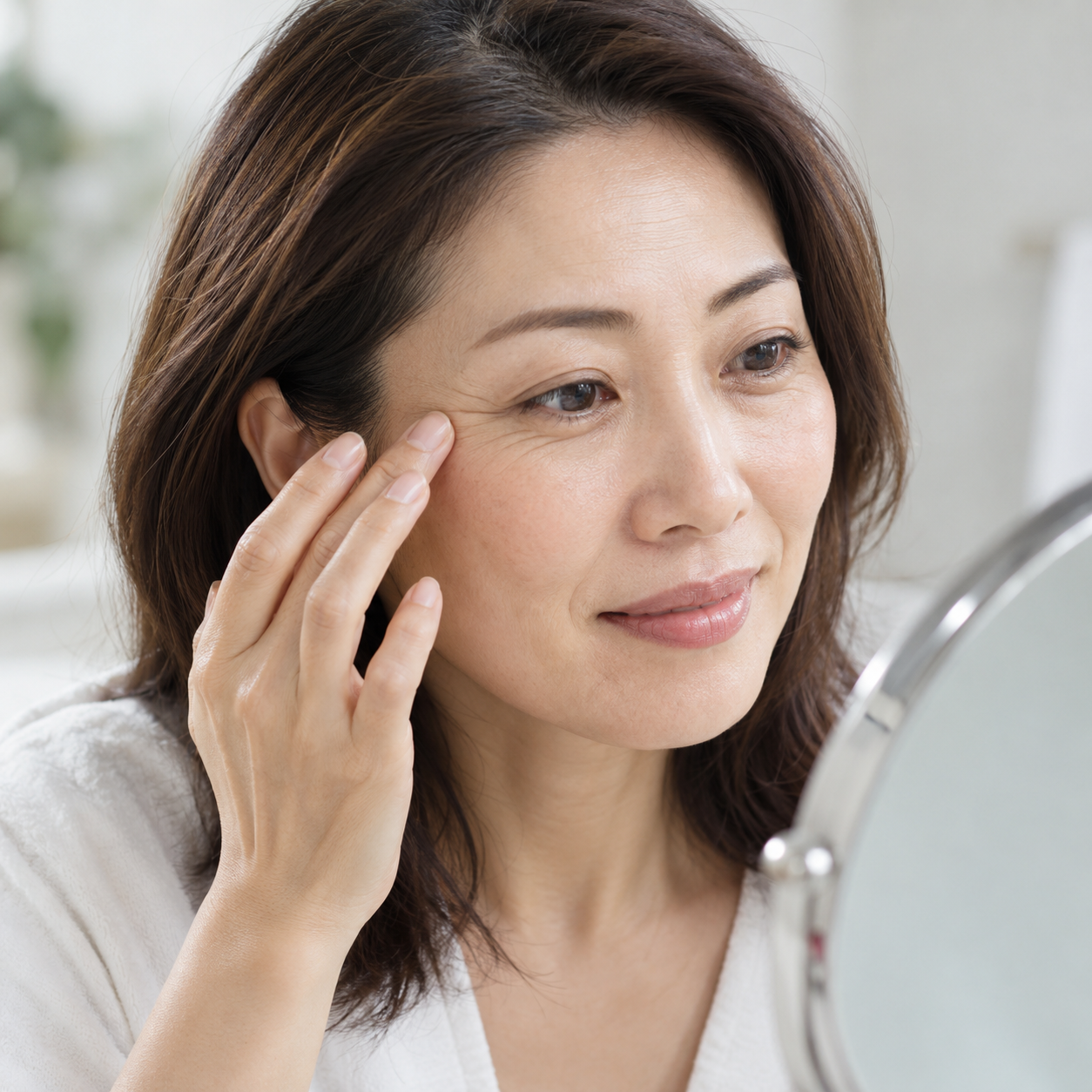 Asian woman examining fine lines and wrinkles around her eyes in a mirror.