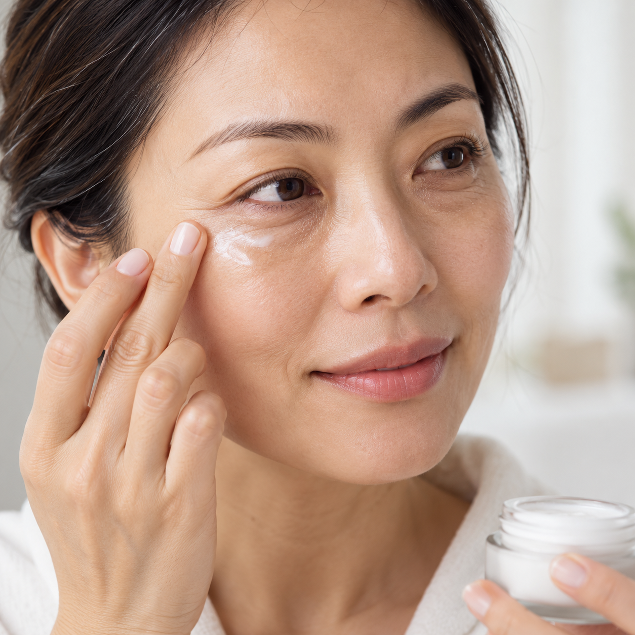 Asian woman gently applying moisturising eye cream to the skin beneath her eyes.