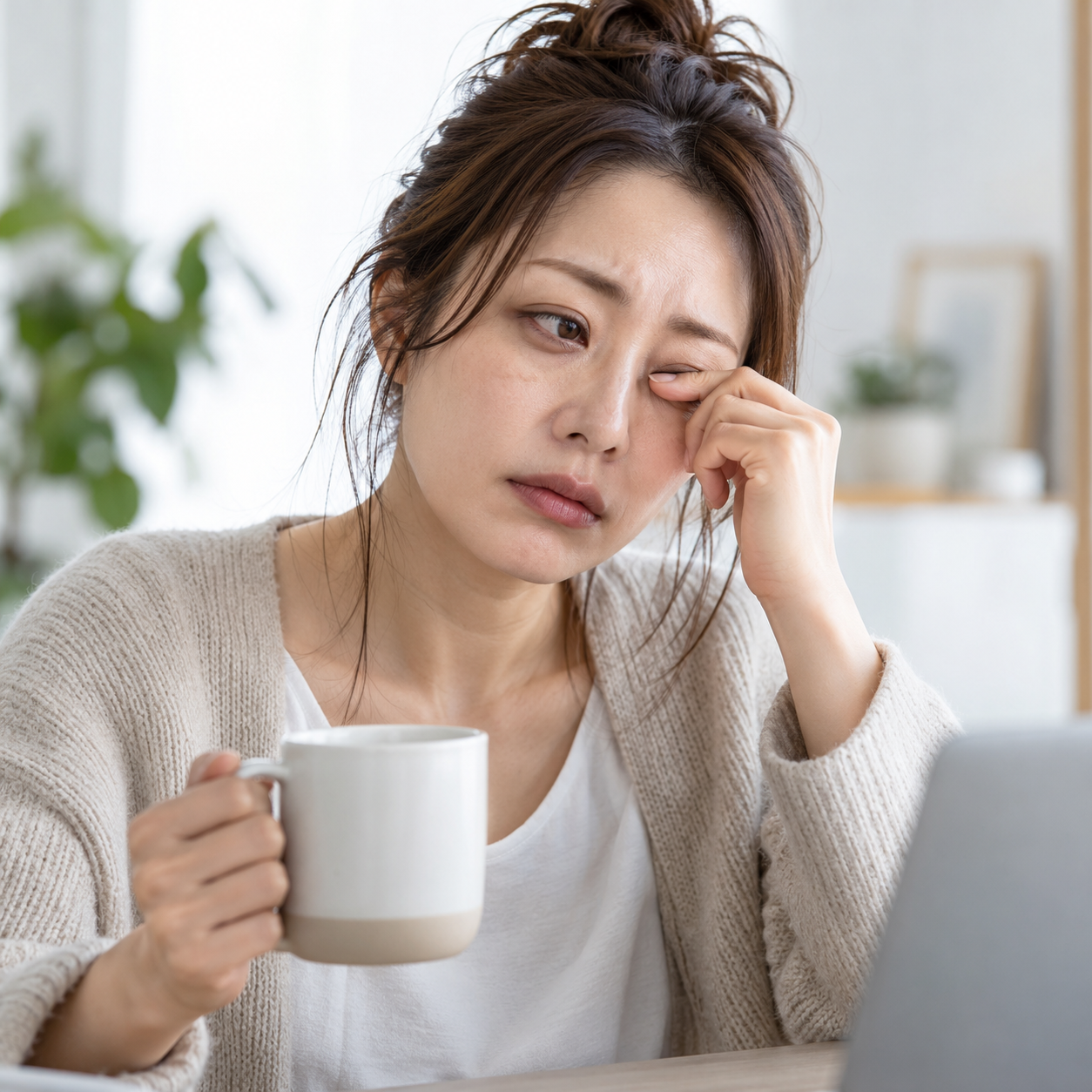 Tired Asian woman rubbing her eye while holding a cup of coffee at her desk.