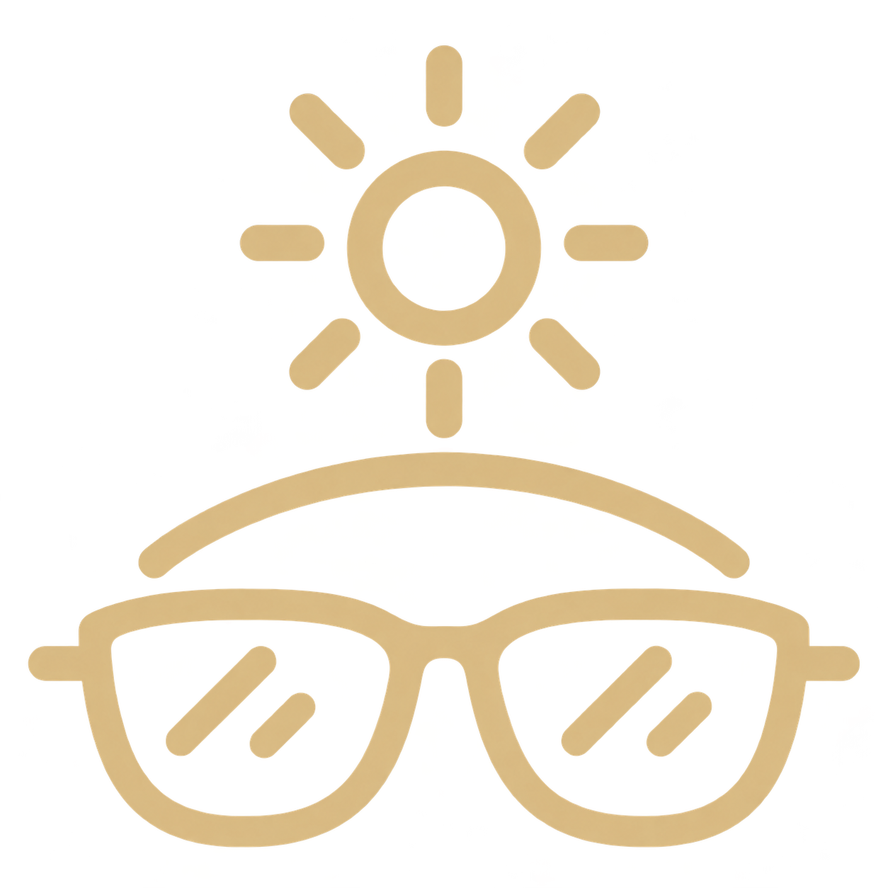 Gold line icon of sunglasses and sun representing UV protection for the delicate eye area.