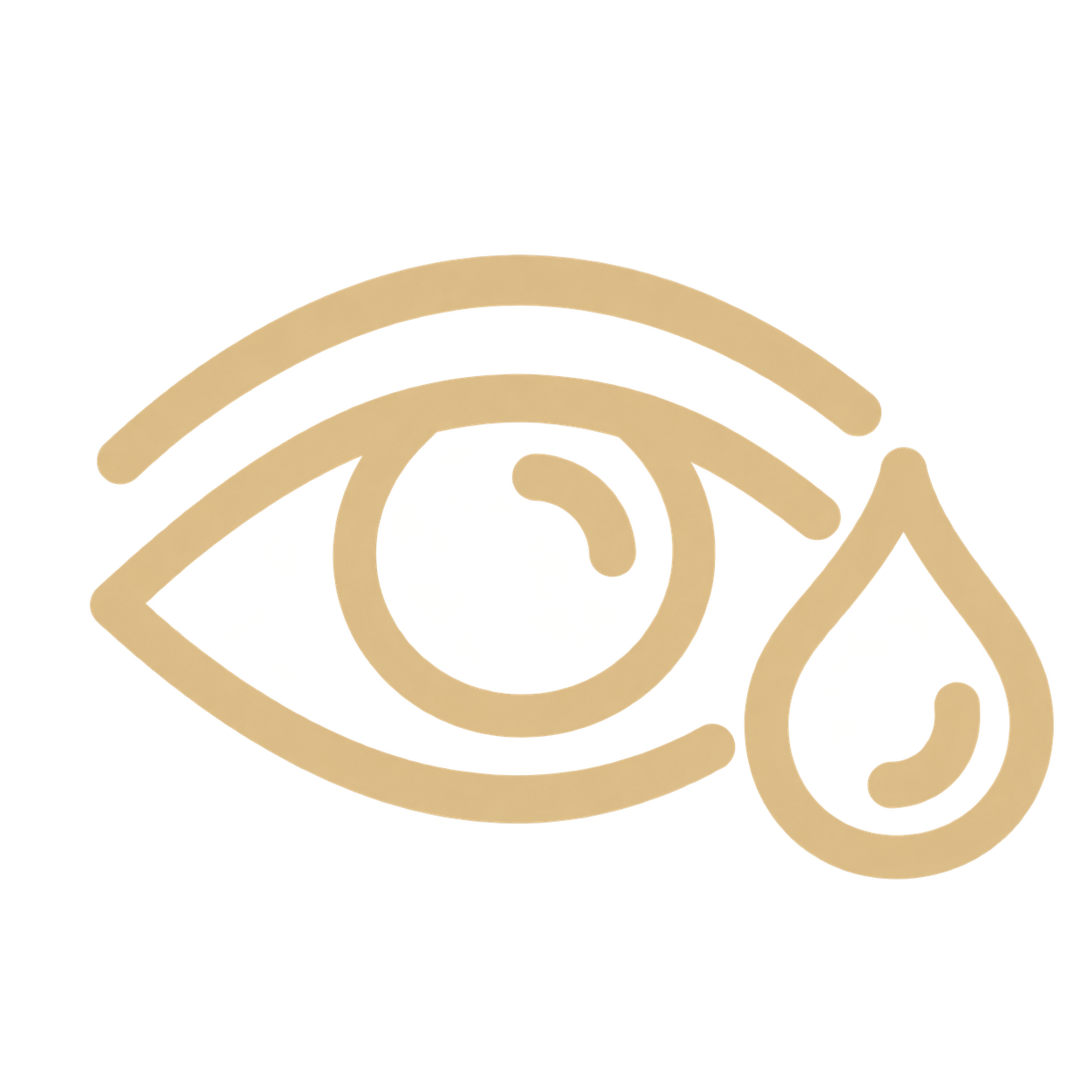 Gold line icon of an eye and water droplet representing hydration and moisturising of the eye area.