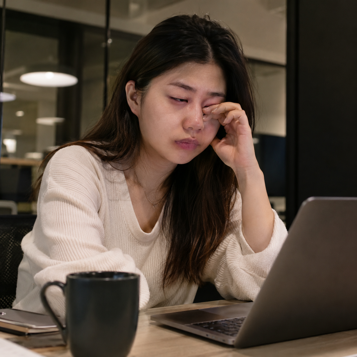 Tired Asian woman rubbing her eye while working late at night on a laptop.