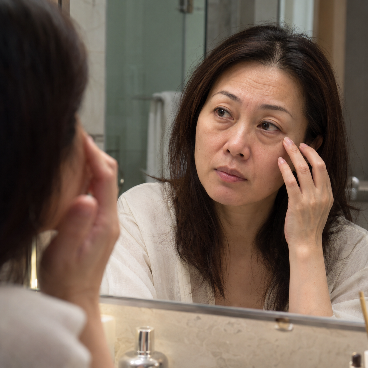 Mature Asian woman examining puffiness and age-related changes beneath her eyes in a bathroom mirror.