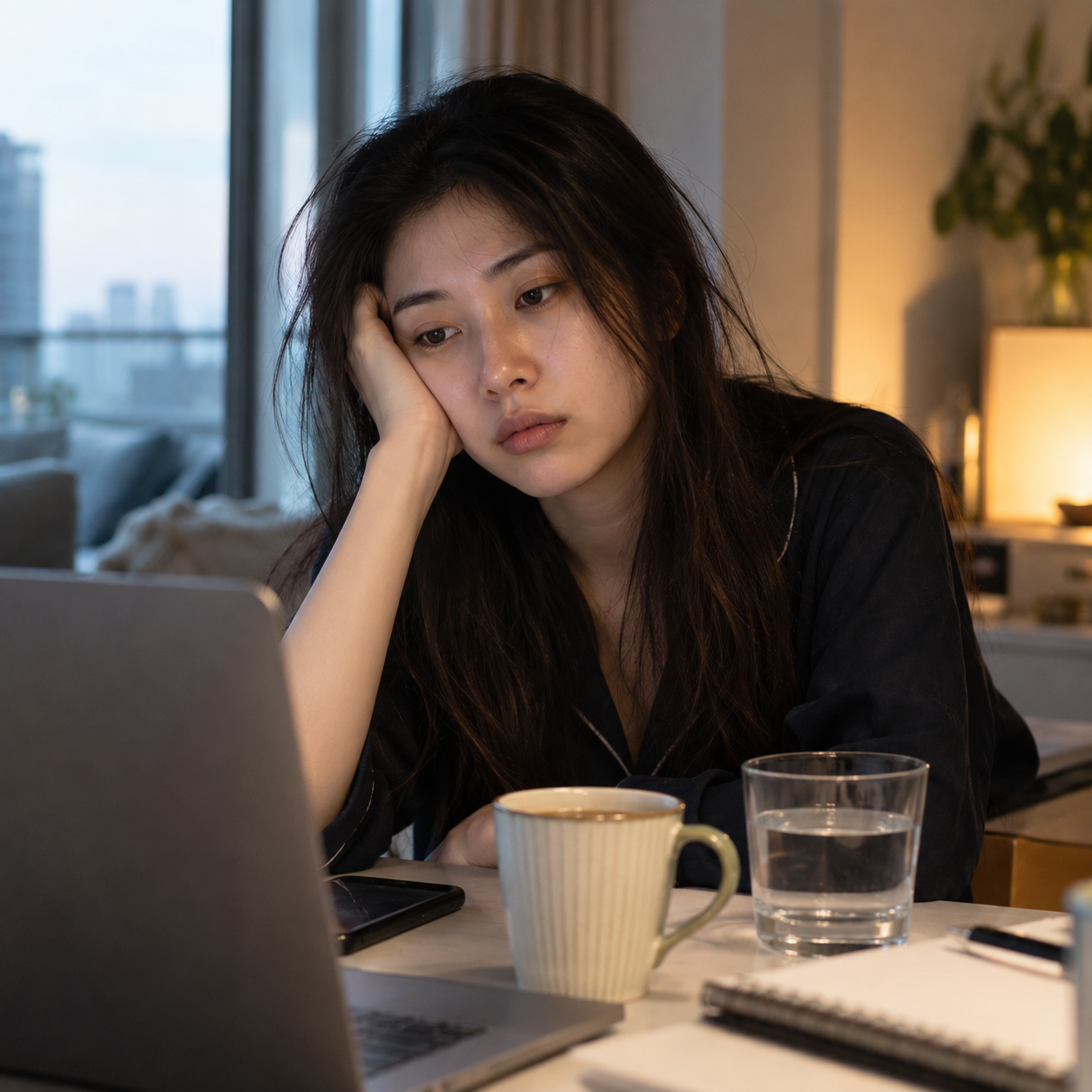 Tired Asian woman resting her head on her hand while working on a laptop at home.