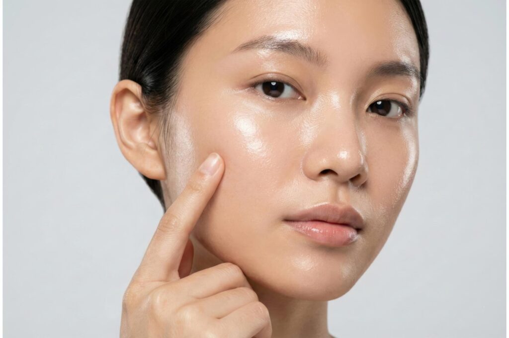 Woman touching her cheek to check skin texture and quality