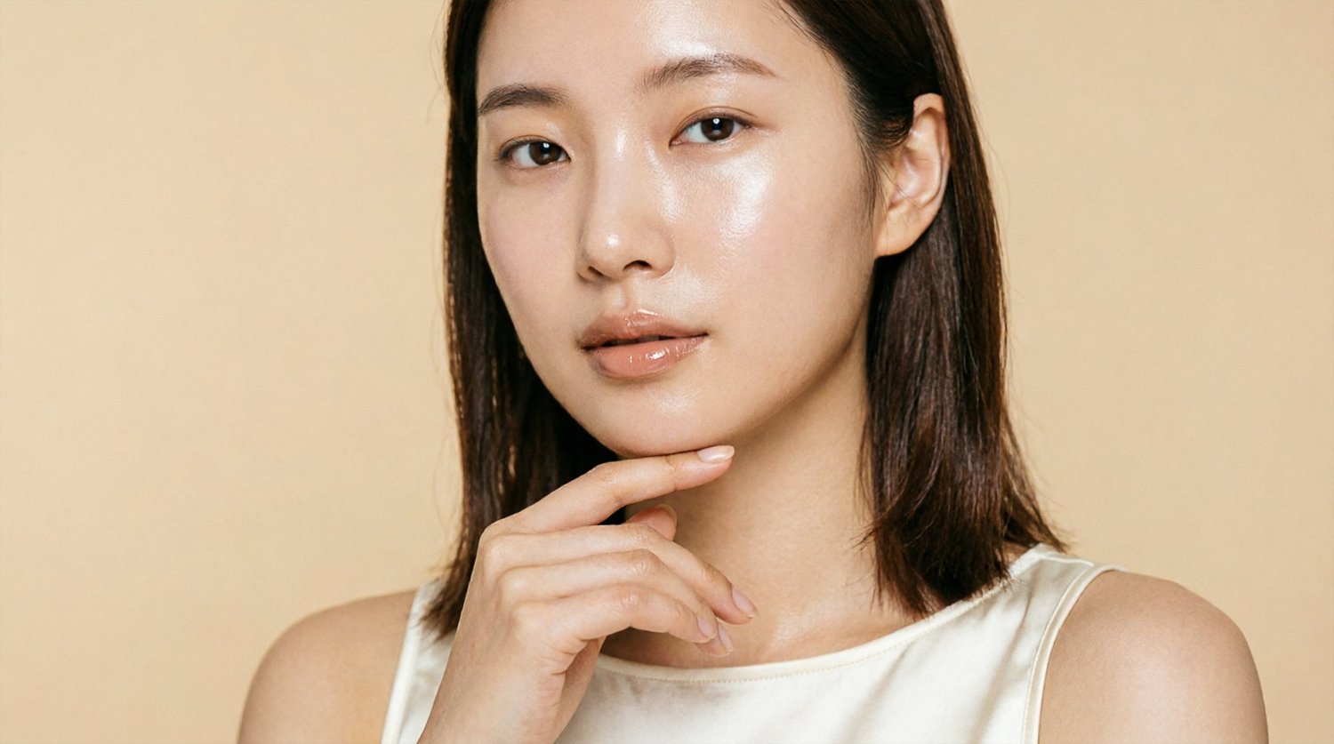 Woman with smooth, even-toned skin touching her chin